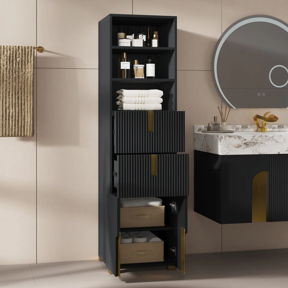 Artis 59" Bathroom Storage Cabinet – Freestanding Linen Tower with 2 Drawers & 2 Doors — image 3
