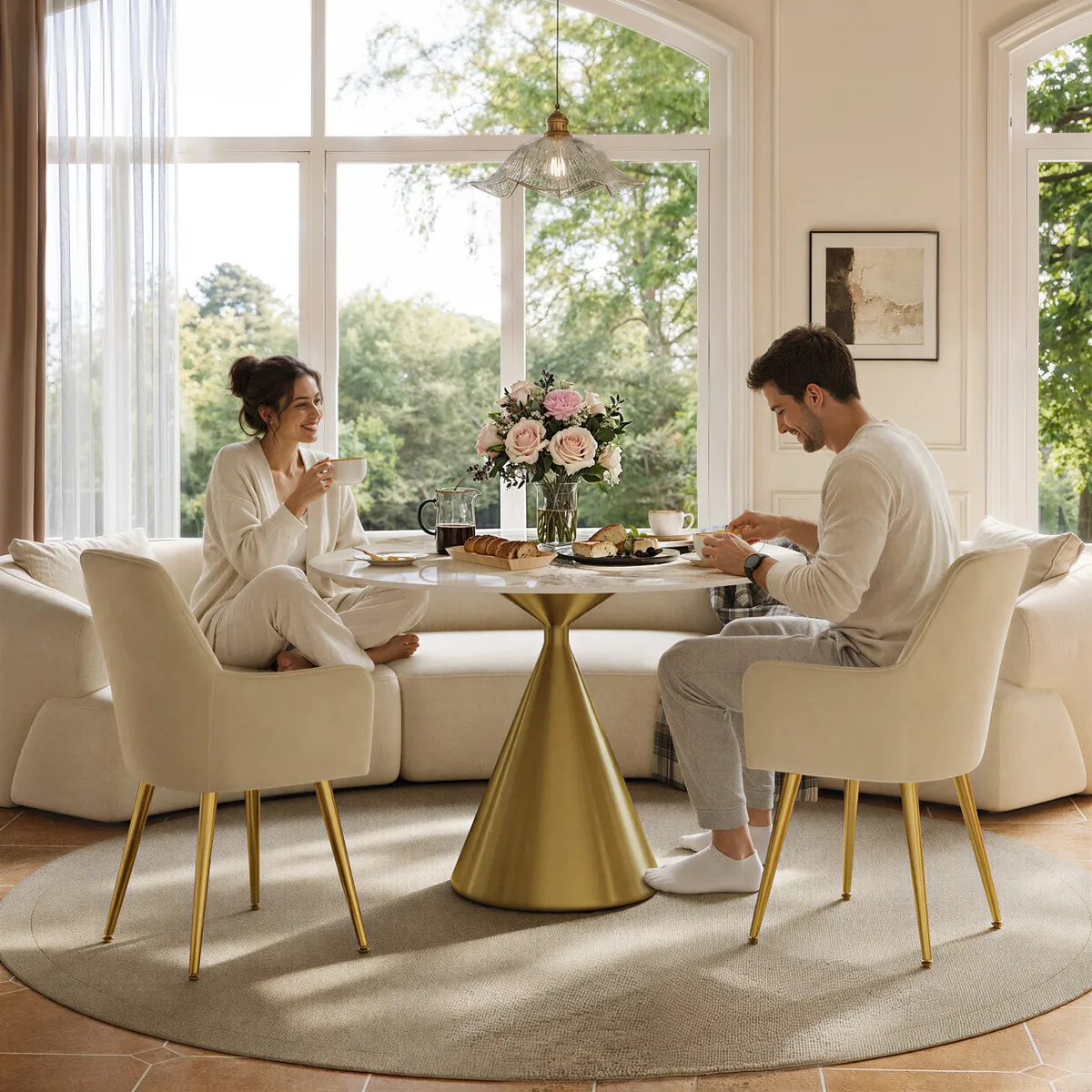 39" Pandora Faux Marble Round Dining Table with Glossy Gold Base for 4 People — image 5