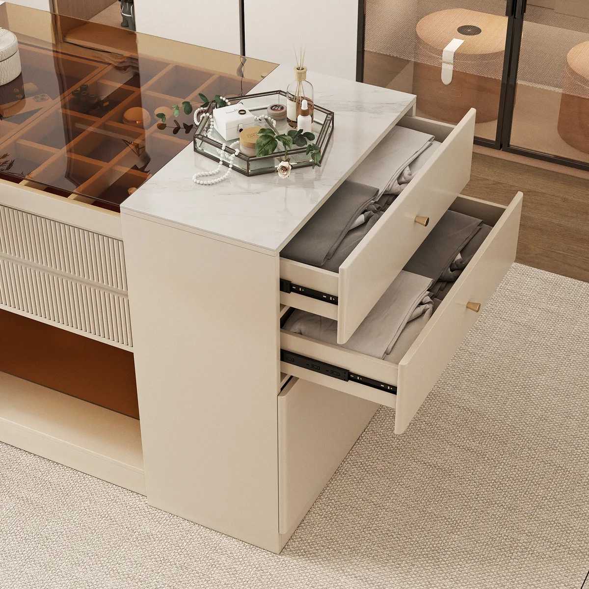 60" Glass Top Walnut Dresser Walk-in Closet Island with Jewelry Storage — image 28