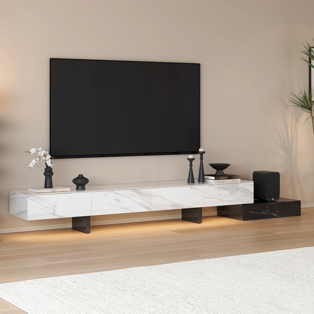 87"-106" Extendable TV Stand with Sintered Stone Top & 5 Drawers