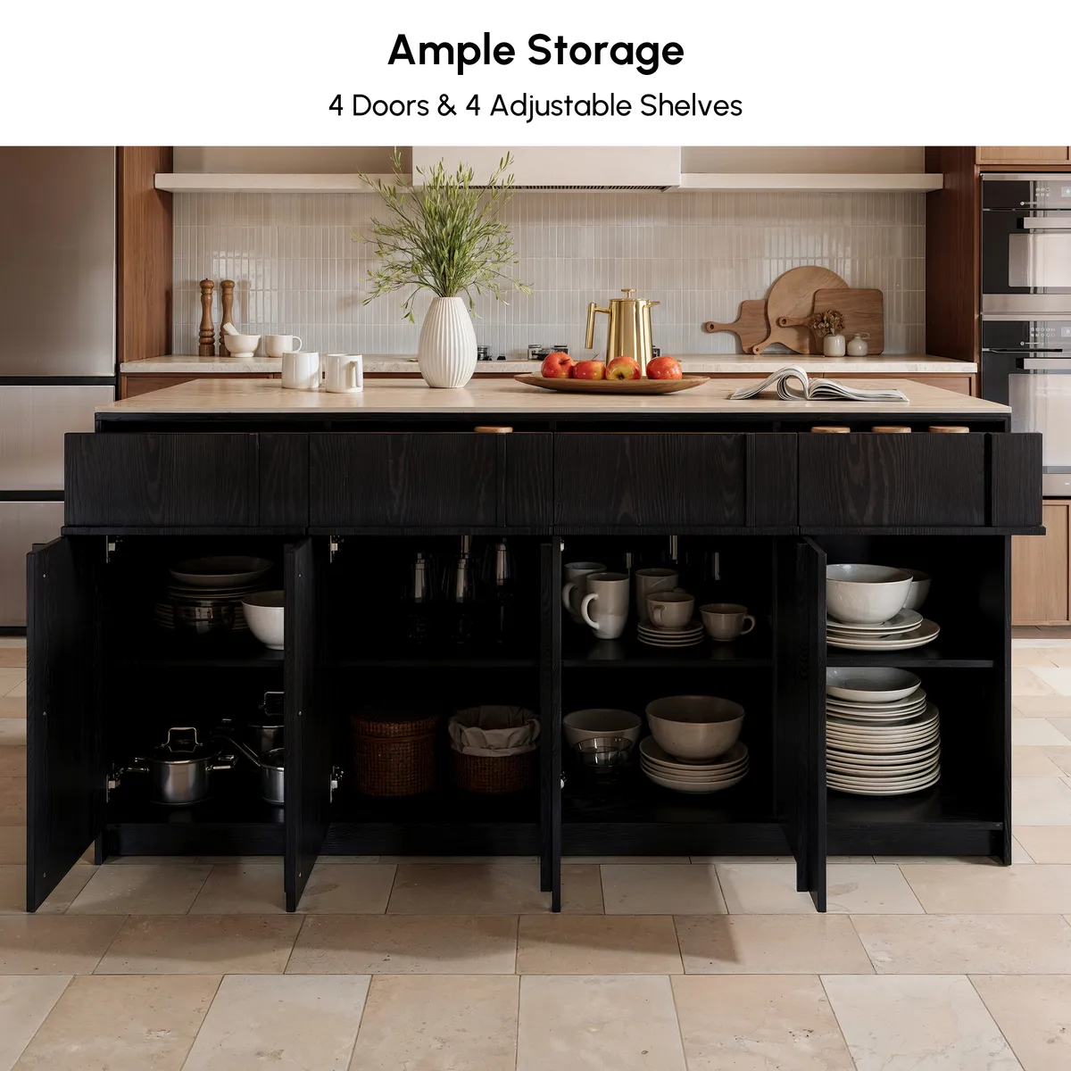 Modern 72" Faux Travertine Sintered Stone Kitchen Island with Storage & LED Light — image 16