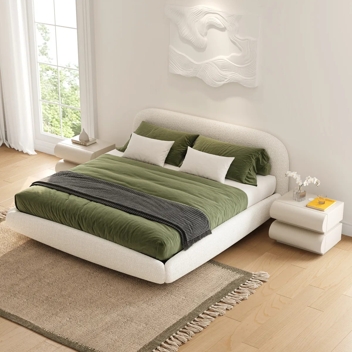 White Leather Smart Nightstand with Wireless Charger Bedside Table with USB & Type-C Ports King Size Boucle Upholstered Floating Bed Frame with Light — image 4
