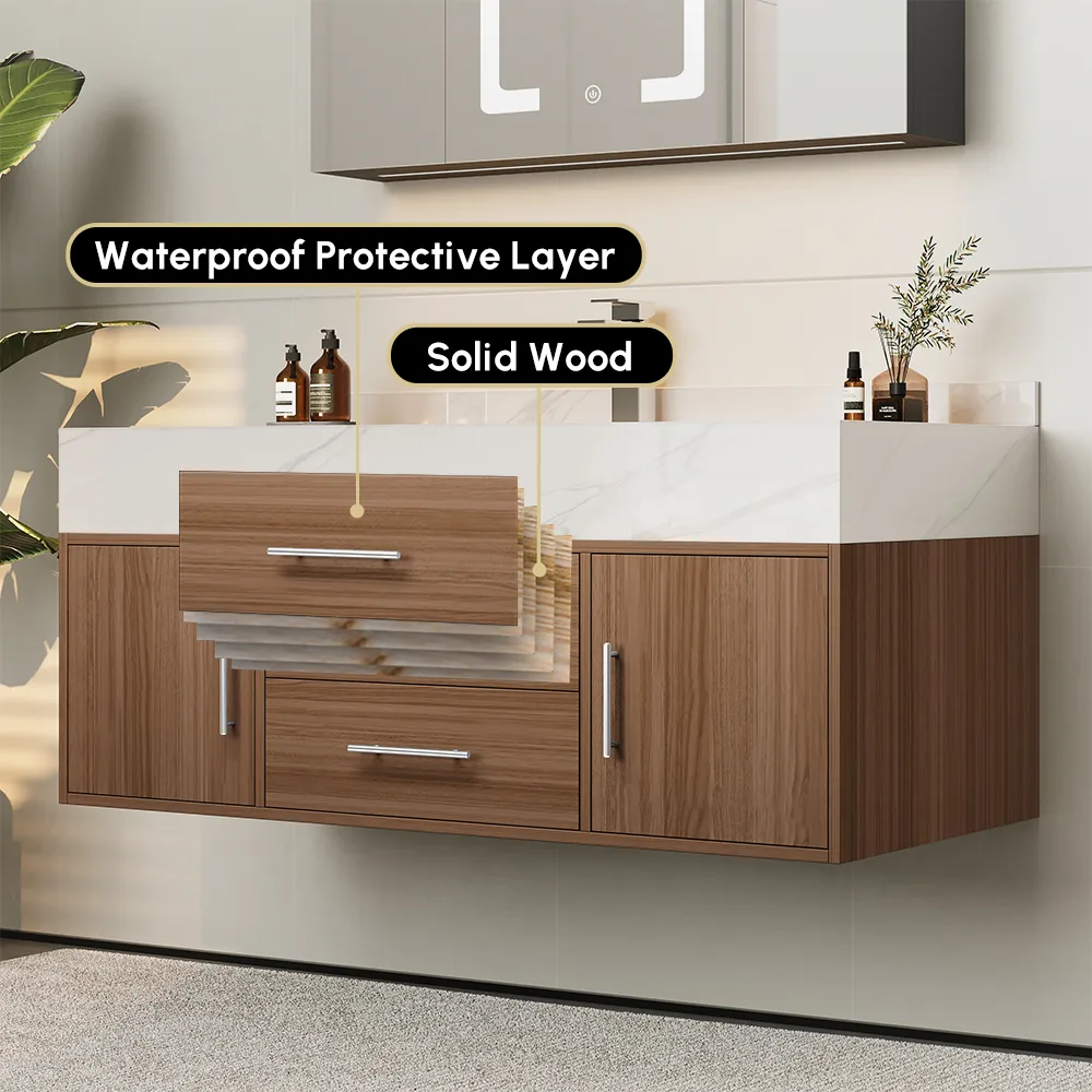 59" Double Sink Bathroom Vanity with Gold Handles – Walnut Modern Floating Vanity — image 17