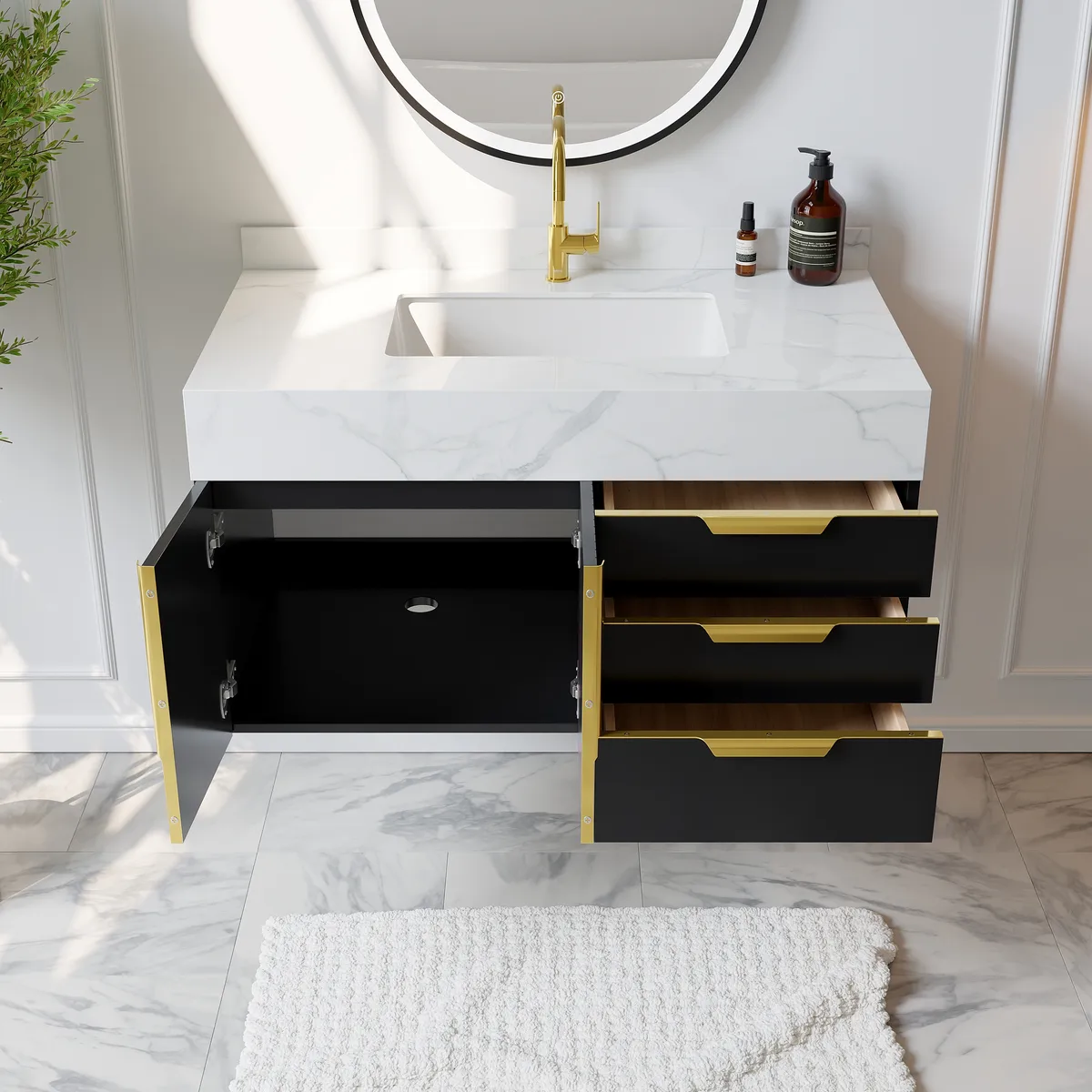 59" Wall Mounted Bathroom Vanity Faux Marble Top with Double Sink — image 5
