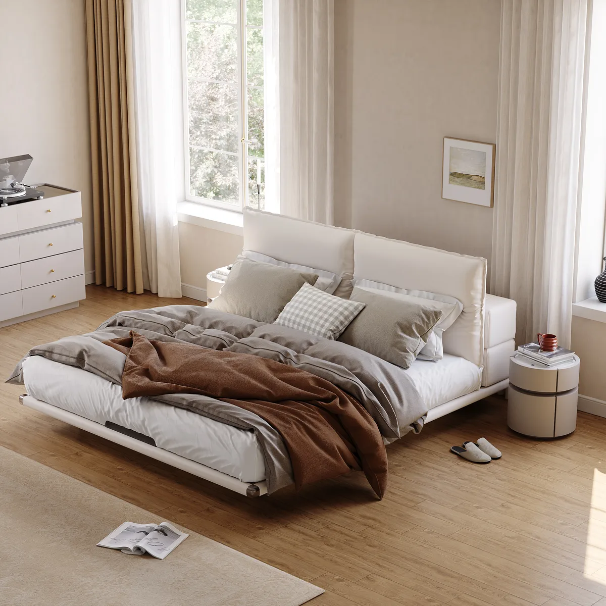 Modern Leather King Size Floating Bedroom Set with Light & Adjustable Headboard — image 3