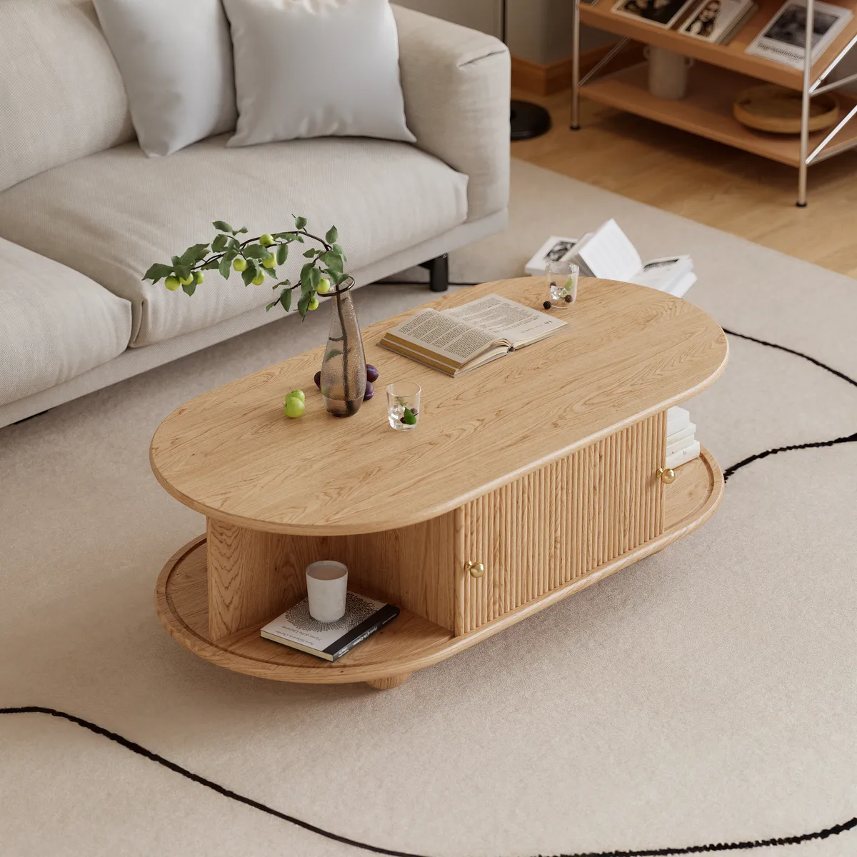 47" Tambour Door Solid Wood Coffee Table with Storage Oval — image 3