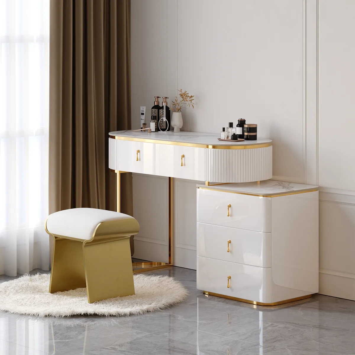 Nordic Makeup Vanity Extendable with 5-Drawer Dressing Table with Stone Top in Champagne — image 11