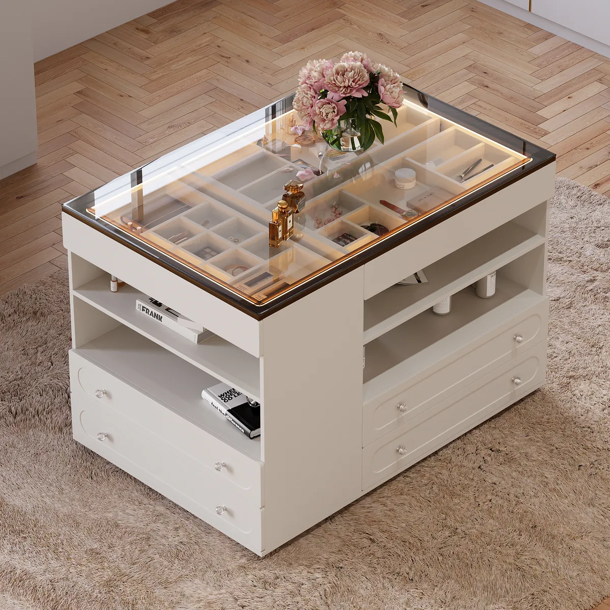 Modern Dresser Width of 47" with Jewelry Storage Walk in Closet Island with LED Light