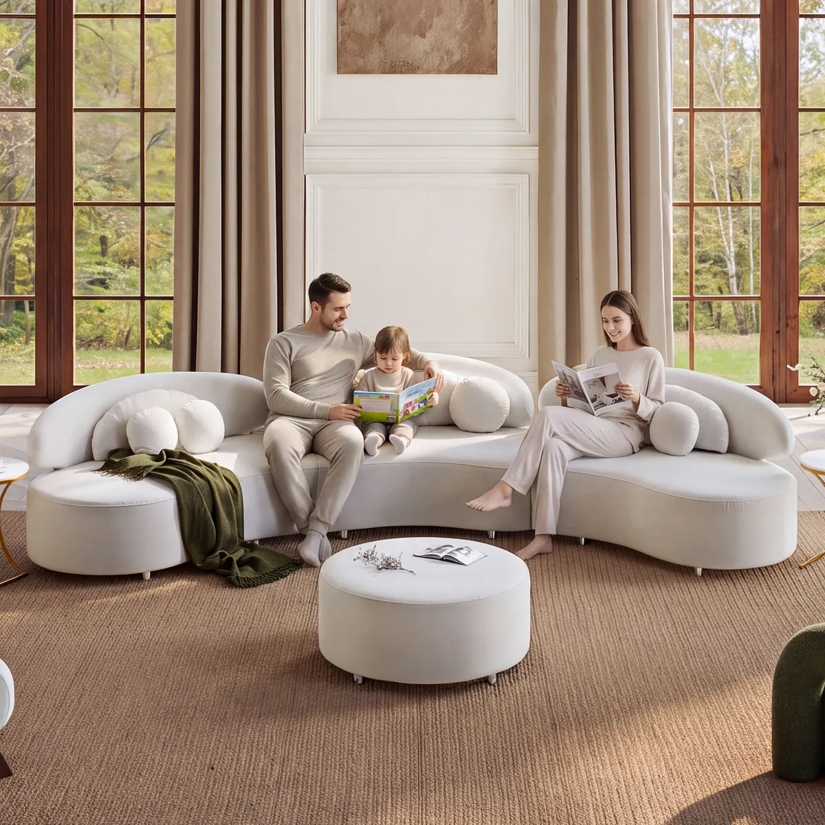 Modern 7 Seat Sectional Sofa Curved Modular Beige Velvet Upholstered with Ottoman — image 3