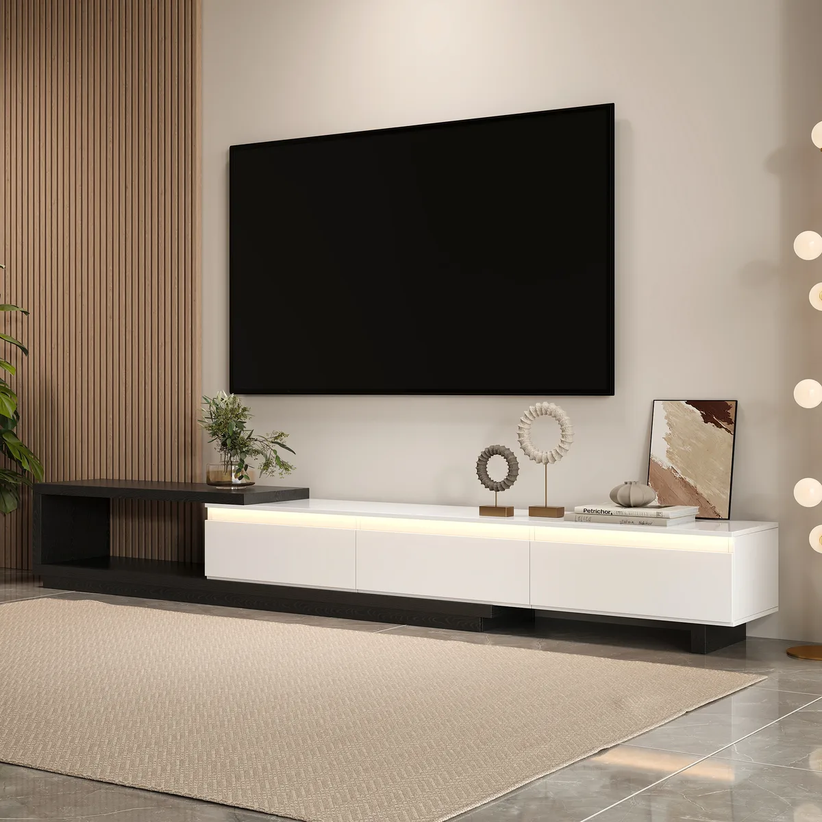 Quoint 100.4" Modern TV Stand Retracted & Extendable 3-Drawer Light Media Console — image 22