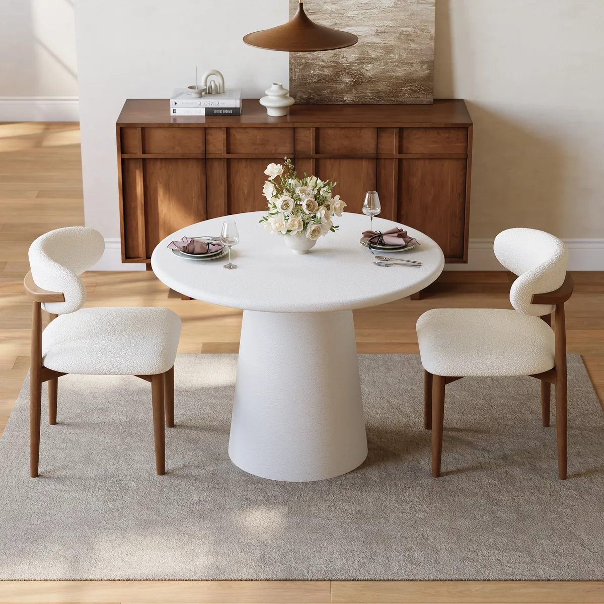 Modern 32" Round Fiberglass Dining Table with Sculptural Pedestal Base, Seats 2