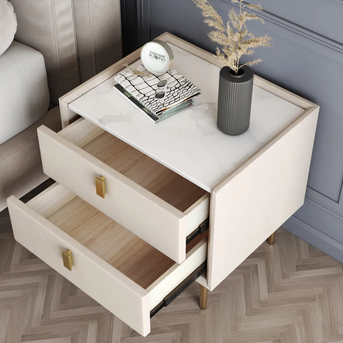 Modern 2 Drawers PU Leather Bedside Table Nightstand with Gold Metal Legs — image 2