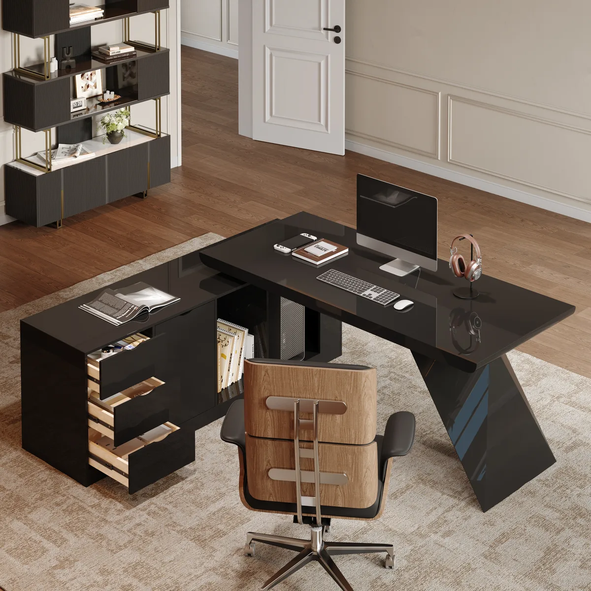 Modern 71" L-Shaped Whitewash Executive Desk with Storage, Left Hand — image 9