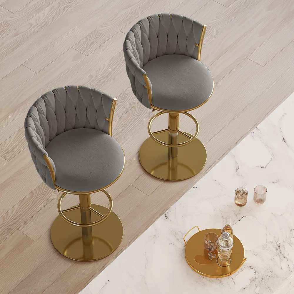 Sweave Set of 2 Gray Swivel Bar Stools Velvet Curved Back Adjustable Height — image 20