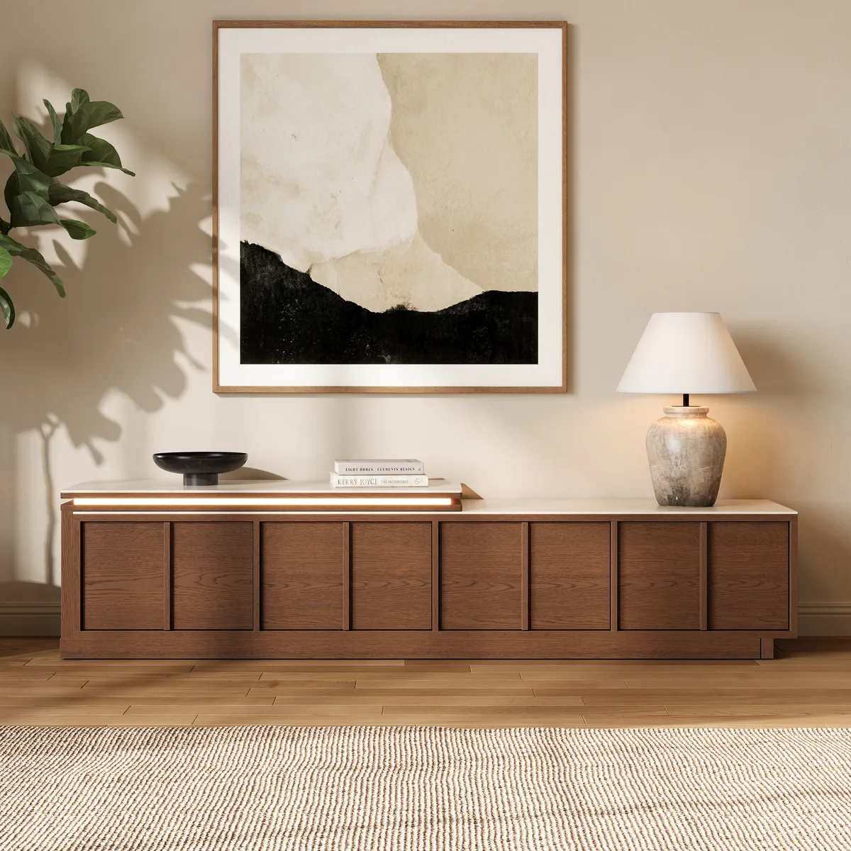 71"-108" Extendable Walnut TV Stand with Sintered Stone Top & Cabinets — image 3