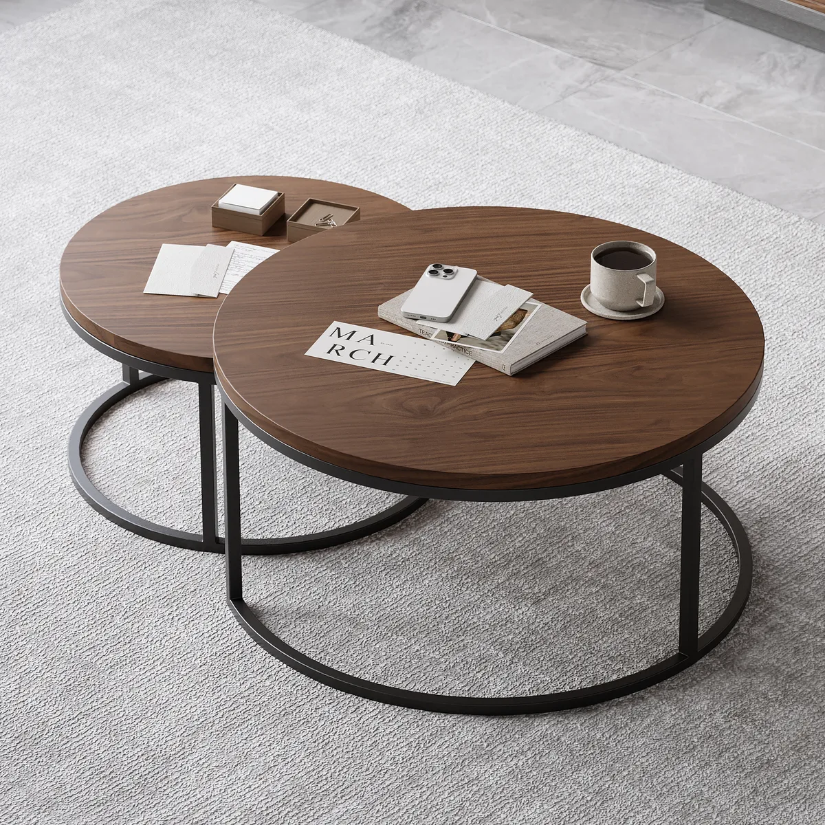 Living Room Cabinet Set Rectangle Gray Extendable TV Stand & Wood Round Nesting Coffee Table — image 24