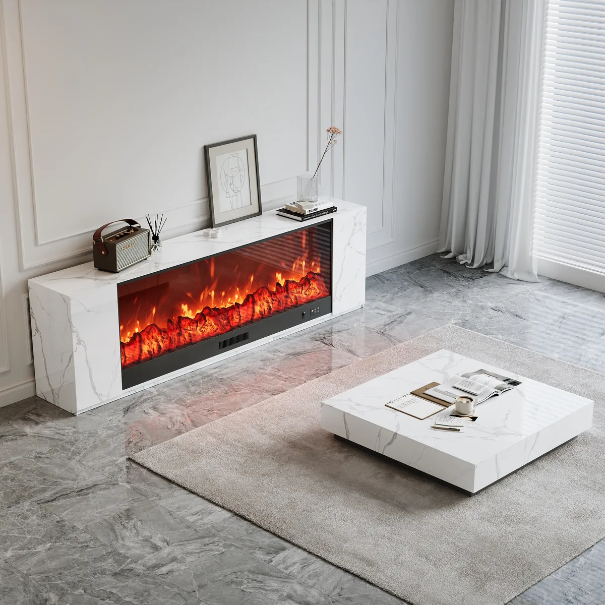 87" Modern White Marble Veneer Sintered Stone Electric Fireplace TV Stand with Remote Control Temperature Adjustable Coffee Table Set — image 21