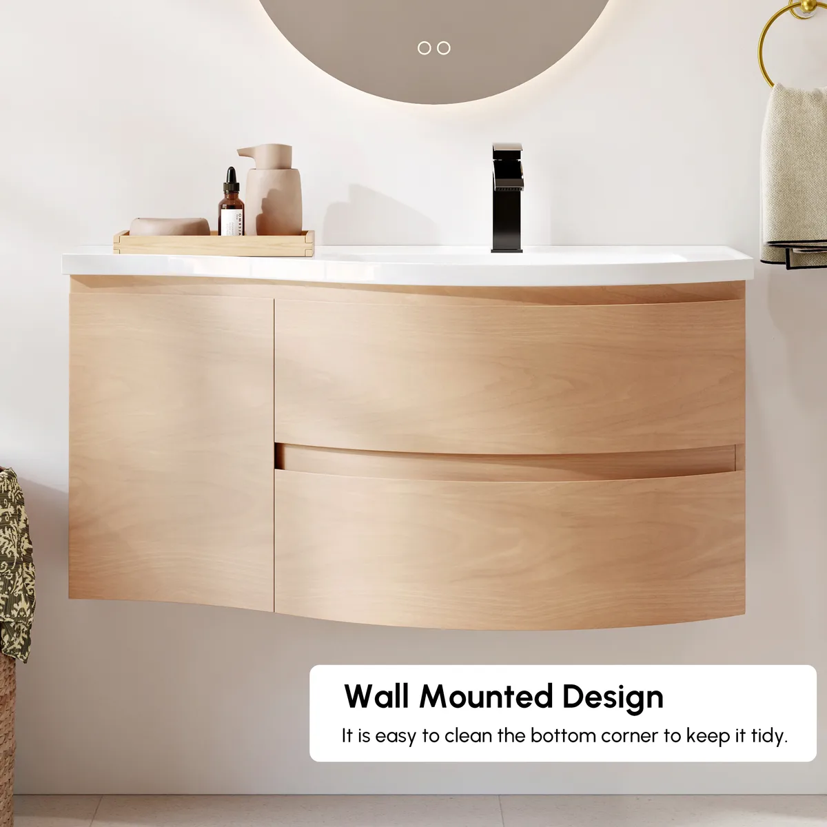 35" Floating Curved Bathroom Vanity Half-Circle Bathroom Cabinet — image 16