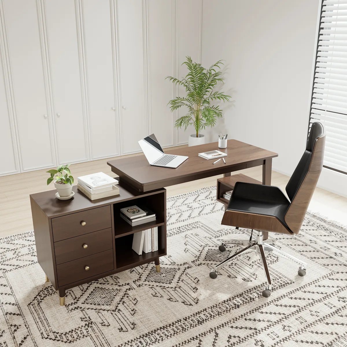 Ultic Gray Reversible L-Shaped Desk & Faux Leather Office Chair Set with Wheels