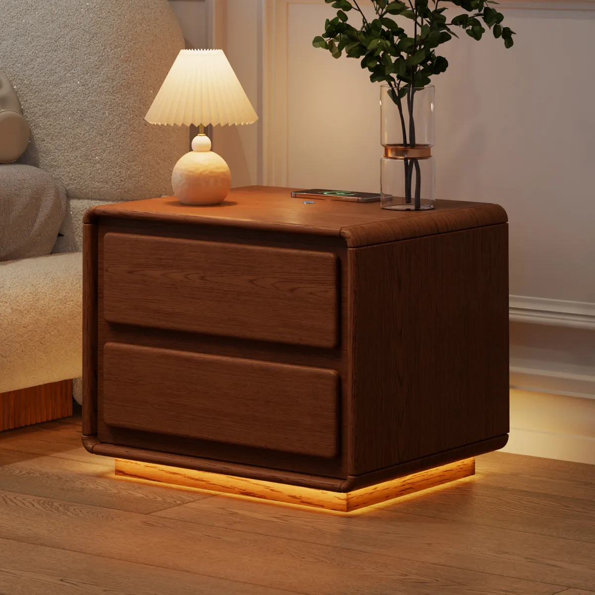Haloa Walnut 3-Drawer LED Nightstand with Charging Station