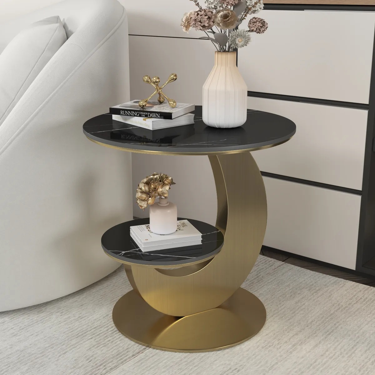 Round Faux Marble 2 Tier End Table Modern White & Gold Side Table — image 3