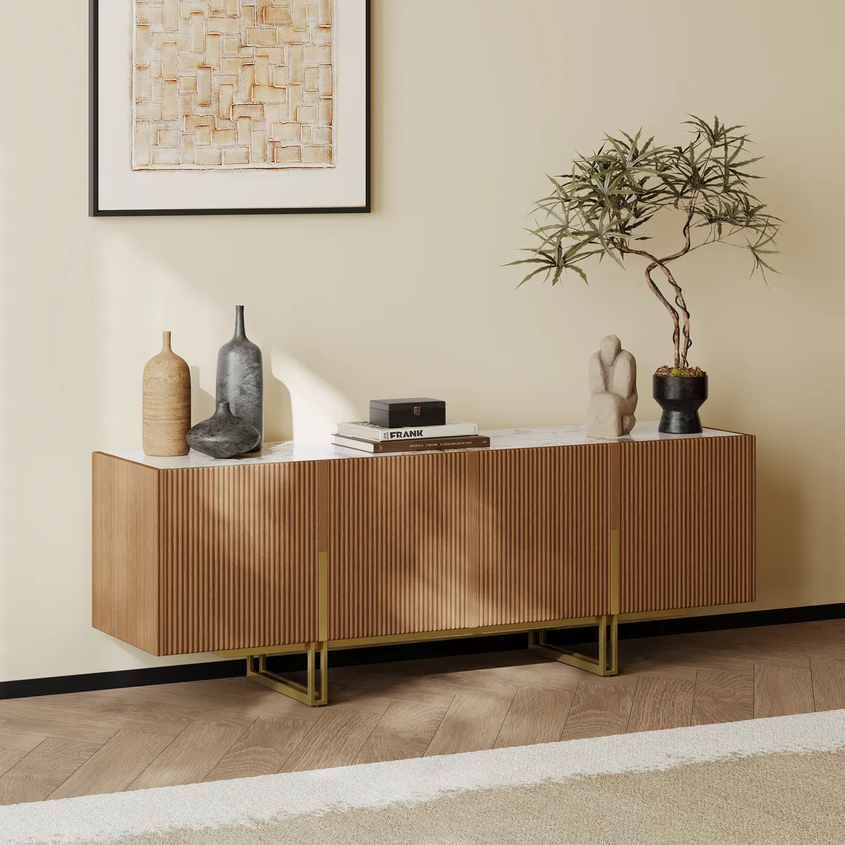 87" Stone Top Walnut TV Stand Minimalist Media Console with 4 Doors & 6 Shelves — image 23