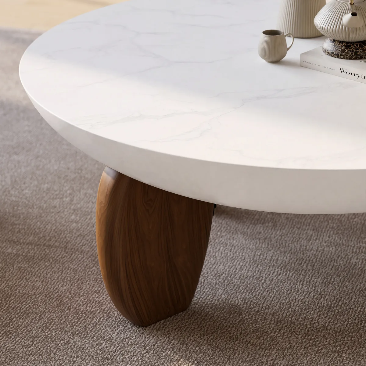 Curva Round Concrete Walnut Coffee Table with Wood Legs — image 16