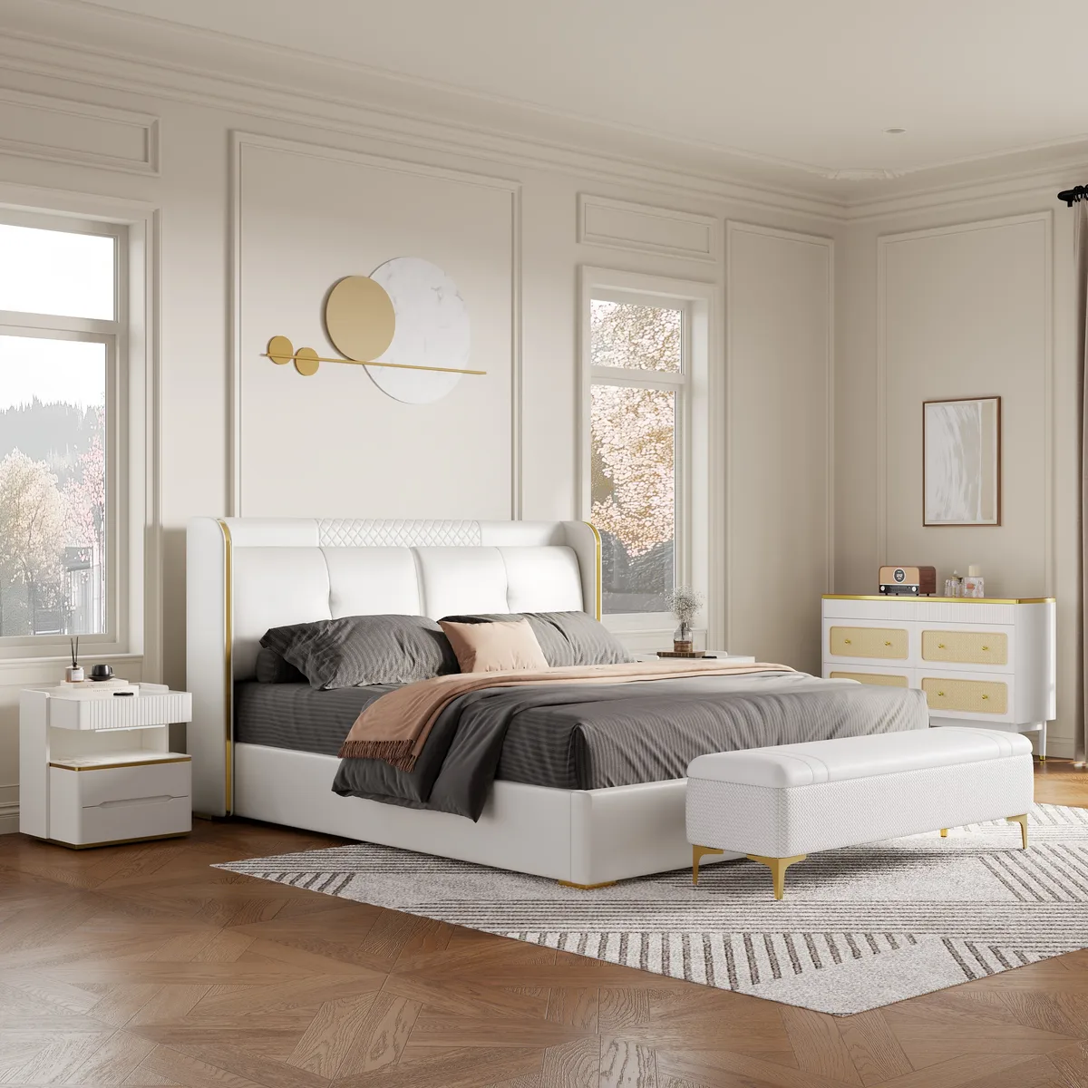 Homary White Wingback King Bed with Faux Leather Upholstered Foam Padding Headboard & Nightstands Set with Wireless Charger & Sensor Light — image 4