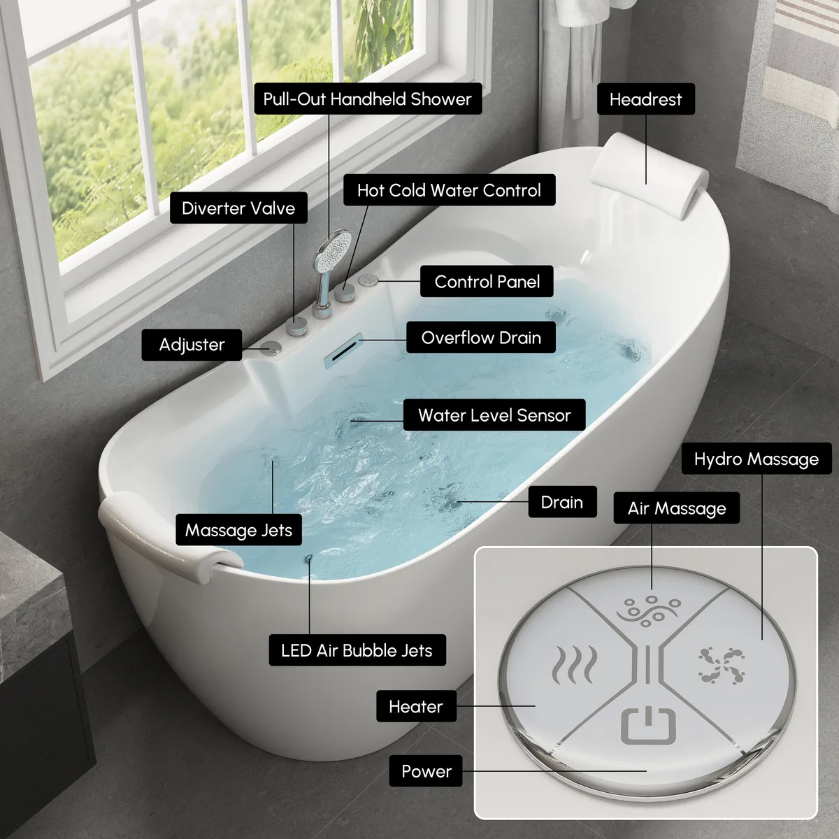 71" Whirlpool Bathtub with 8 Massage Jets, 8 LED Air Jets & Thermostatic Control — image 7