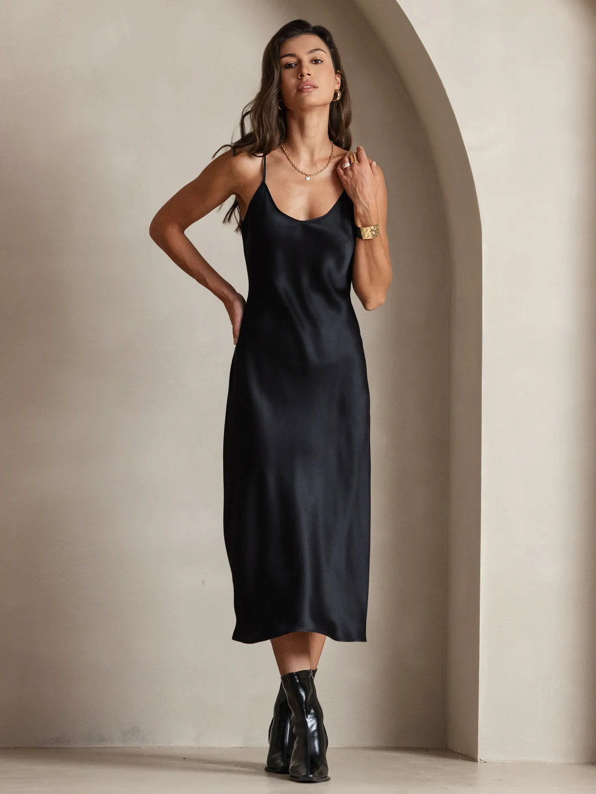 100% Mulberry Silk Spaghetti Strap Midi Long Dress — image 4