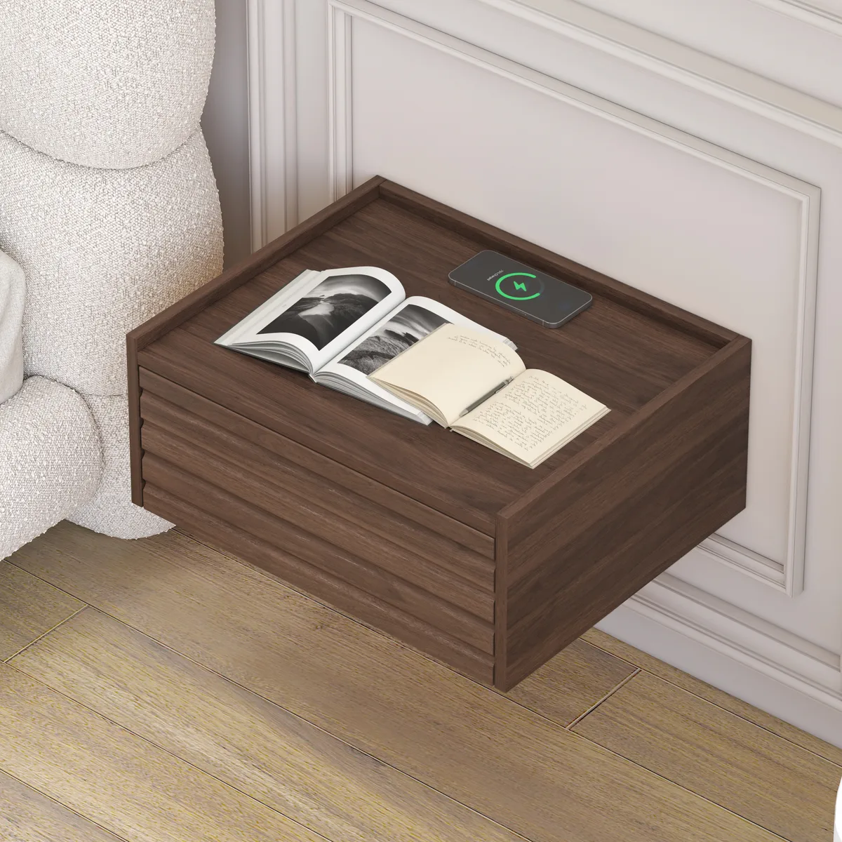 Wooden Floating Nightstand Modern Bedside Table with Charging Station — image 14