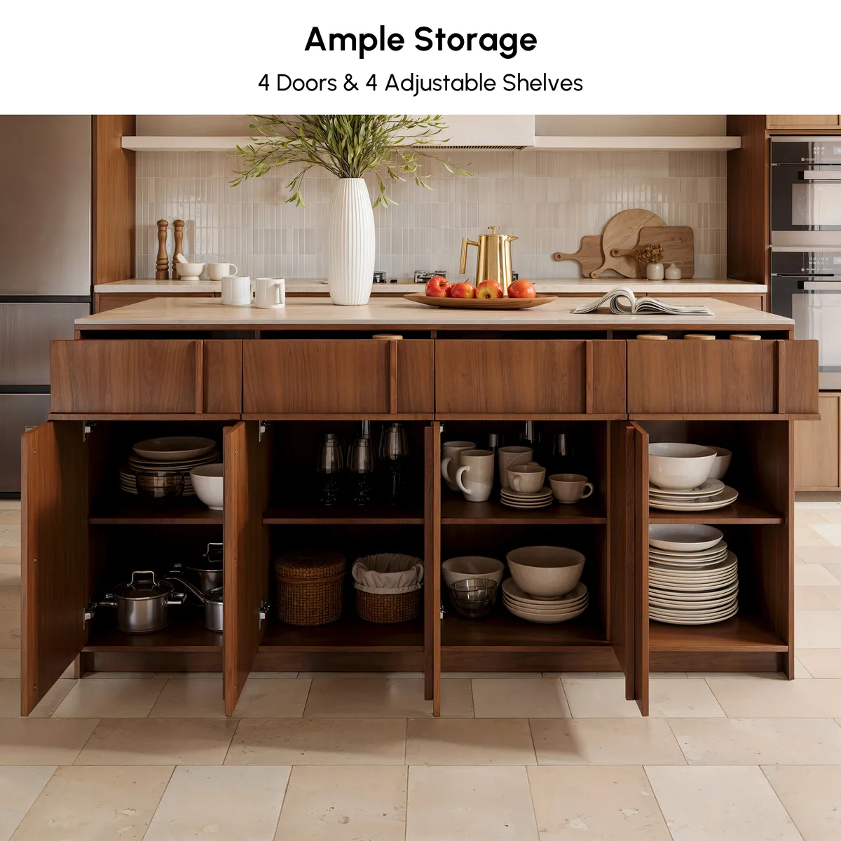 Modern 72" Faux Travertine Sintered Stone Kitchen Island with Storage & LED Light — image 9