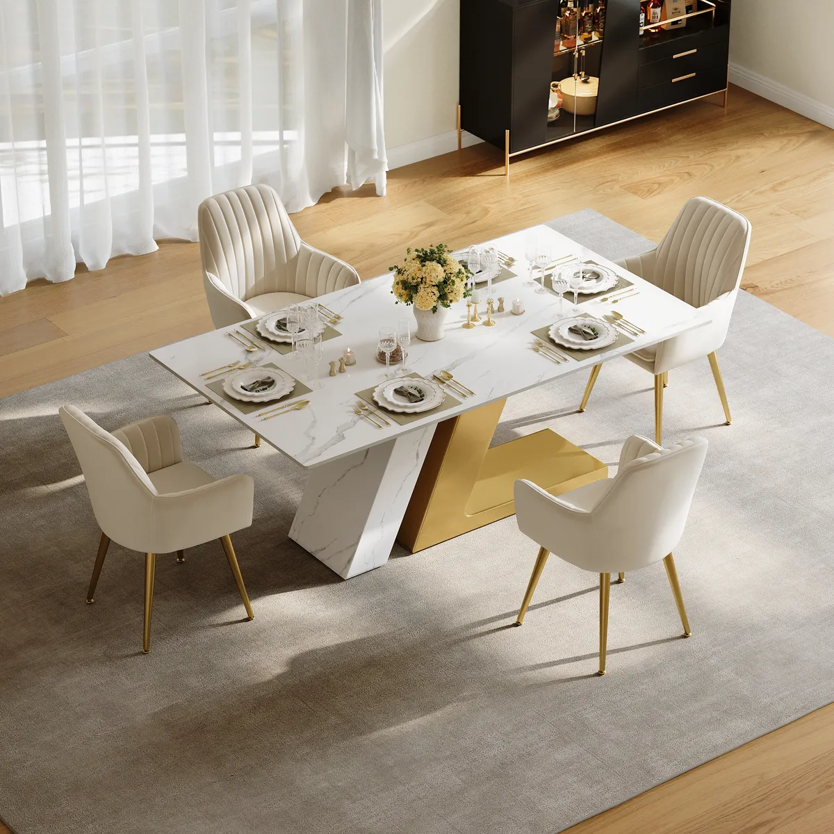 Modern 63" Rectangle Faux Marble Dining Table with 4 Chairs