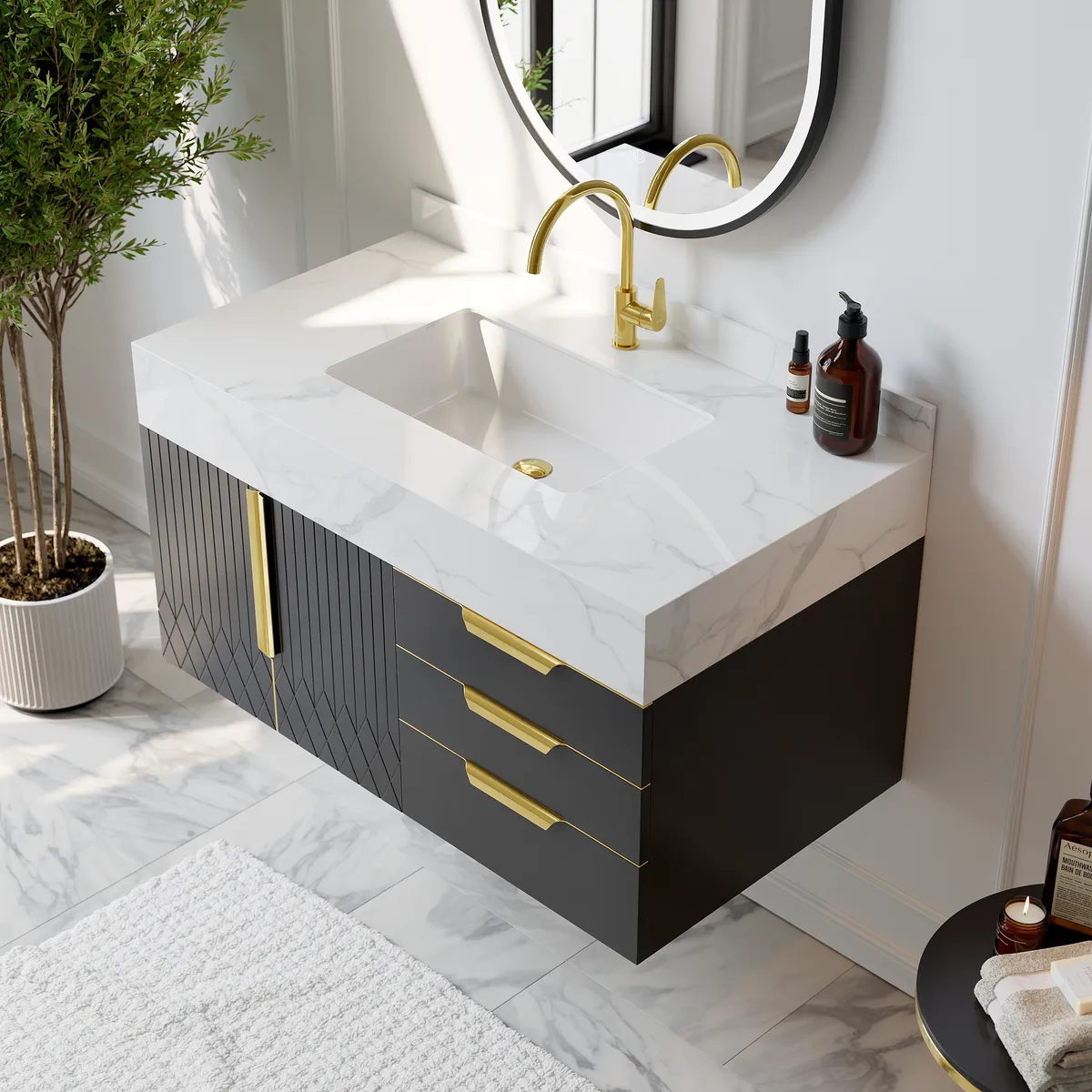 59" Wall Mounted Bathroom Vanity Faux Marble Top with Double Sink — image 3