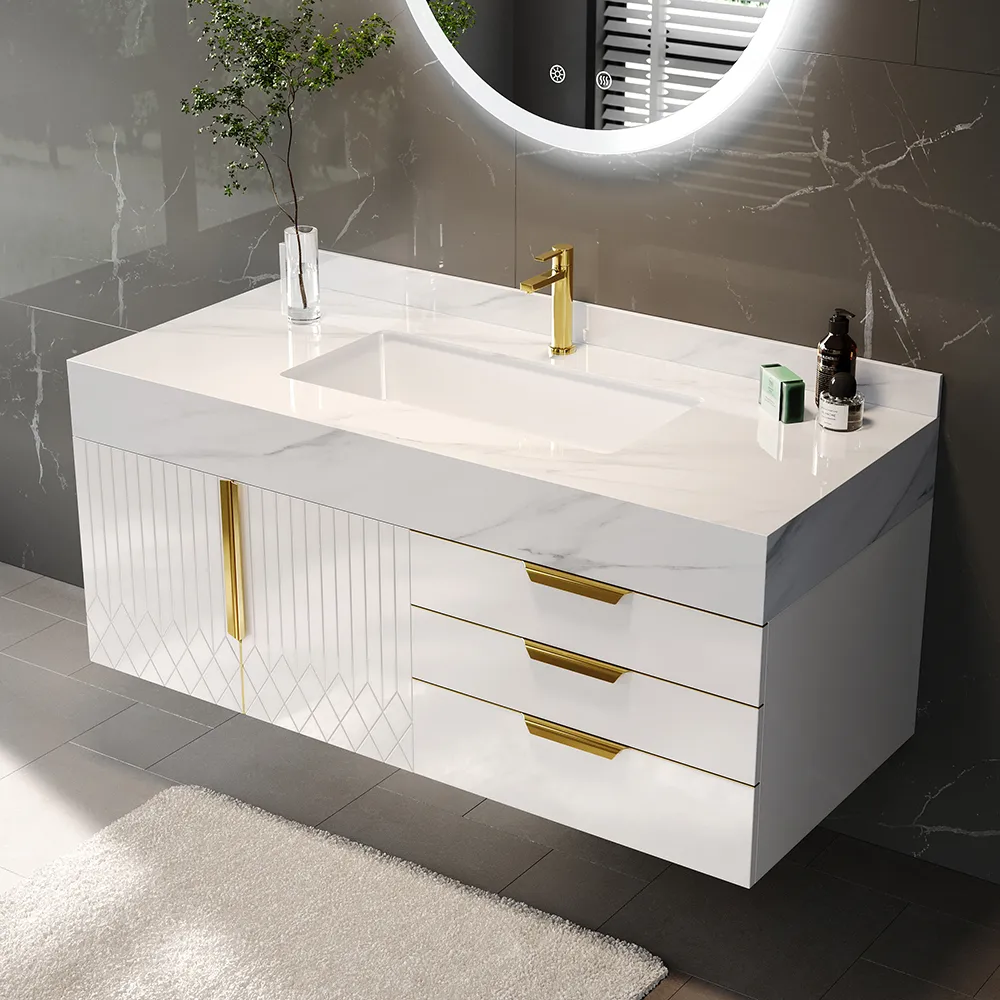 59" Wall Mounted Bathroom Vanity Faux Marble Top with Double Sink — image 13