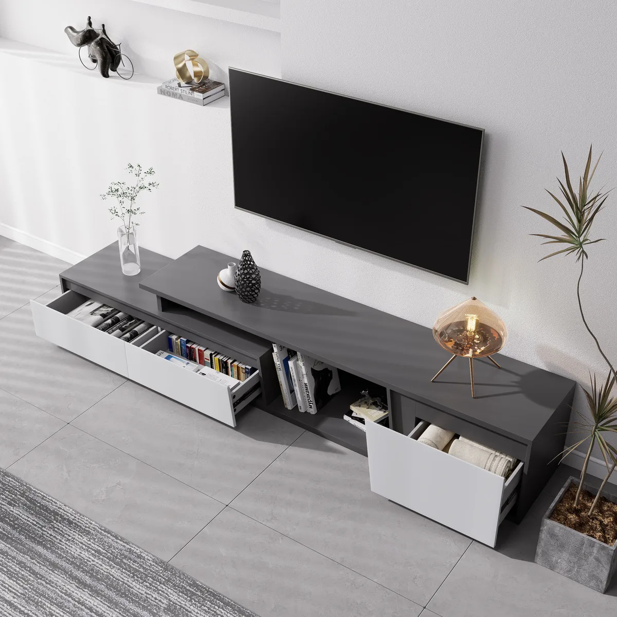 Fero Minimalist Rectangle Gray Extendable TV Stand with 3 Drawers Up — image 23
