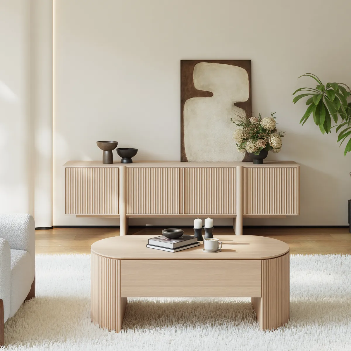 80" Solid Wood Fluted Black TV Stand with Cabinets — image 26