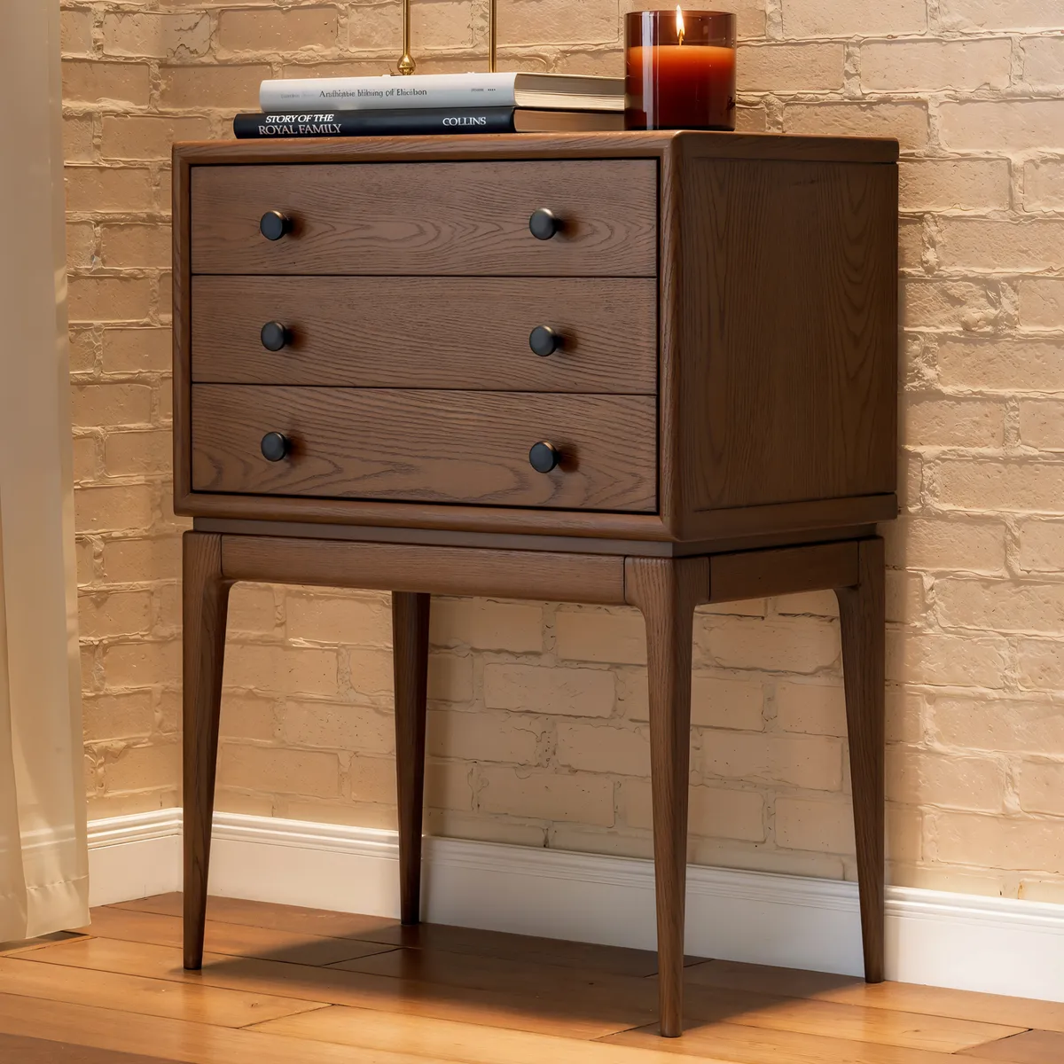 Mid-Century 3-Drawer Chest – Solid Ash Wood in Walnut Finish