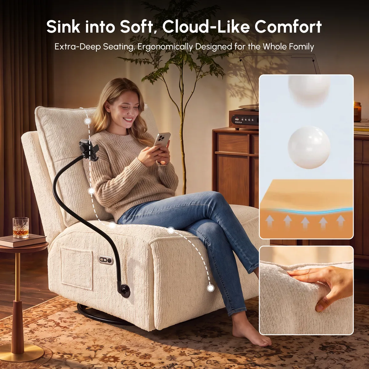 Performance Linen Power Swivel Rocker Recliner Accent Chair with Phone Holder — image 10