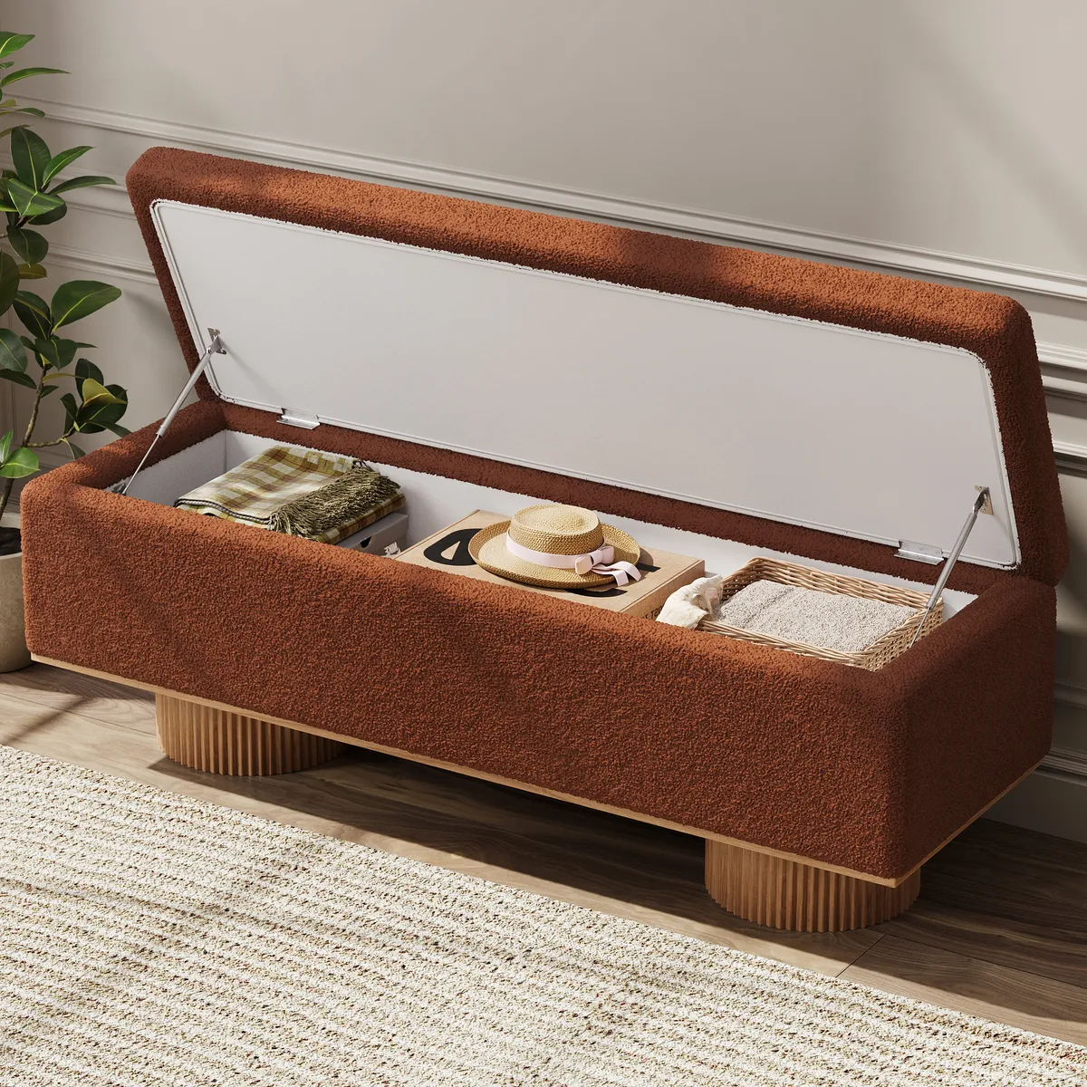 Teddy Fabric Fluffy Faux Fur Flip Top Wood Storage Bench — image 11