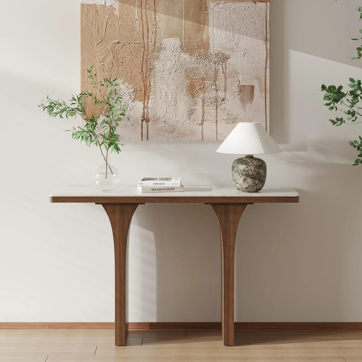 Travertine Veneer Top Console Table Entryway Furniture in Walnut (55" Wide) — image 4