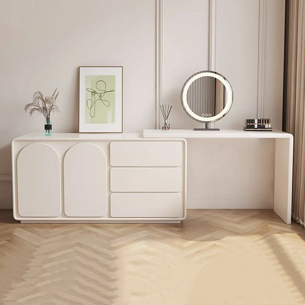 Modern White Makeup Vanity Retractable Dressing Table with Doors & Drawers Beauty Station for Bedroom — image 2