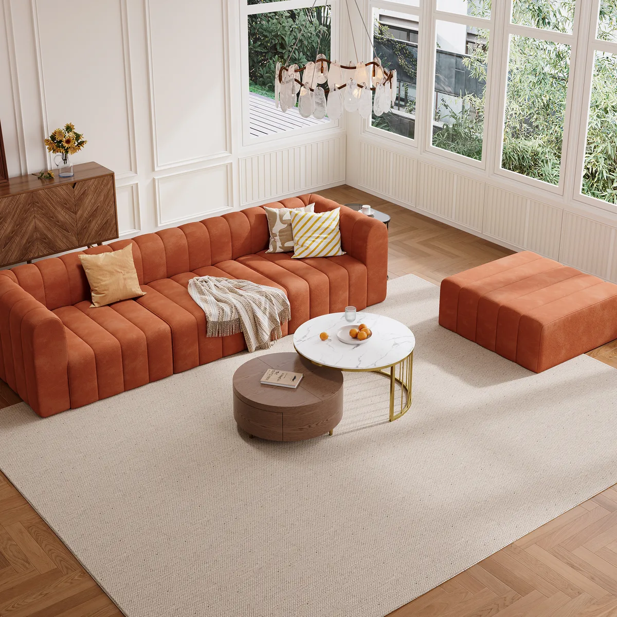 118.9" Velvet Convertible Modular Sectional Sofa Orange Upholstered 6-Seater Sofa Set — image 7