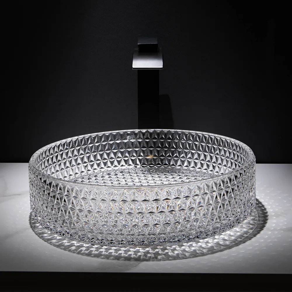 Vessel Transparent Diamond Shaped Crystal Glass Bathroom Wash Sink — image 24