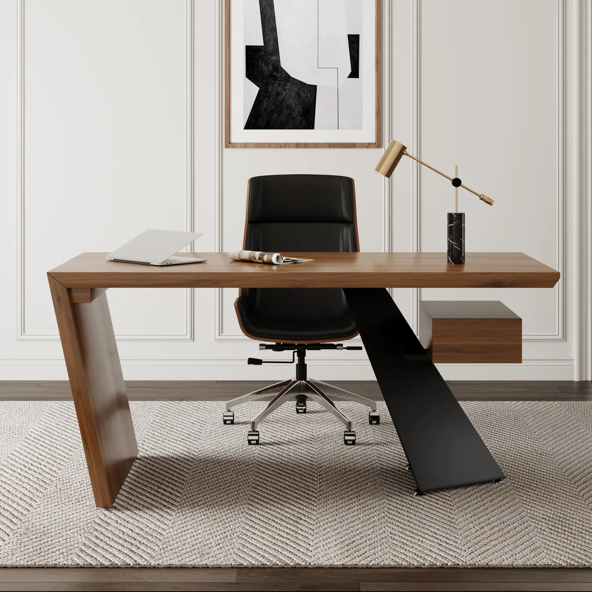 Set Industrial Distressed Wood Writing Desk Black Faux Leather Office Chair (70.9") — image 3