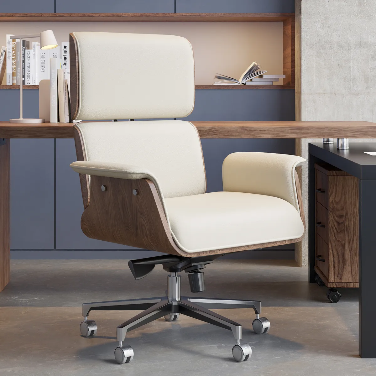 Modern Off White Home Office Chair Upholstered Swivel Task Office Chair High Back — image 11