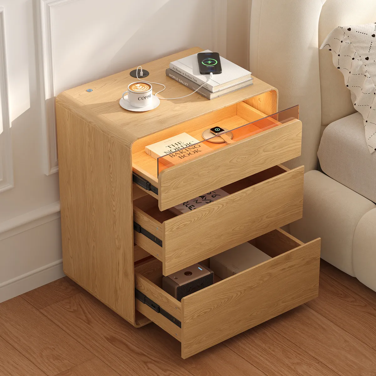 24" Wooden 3-Drawer Smart Nightstand With LED Lighting & Charging Station