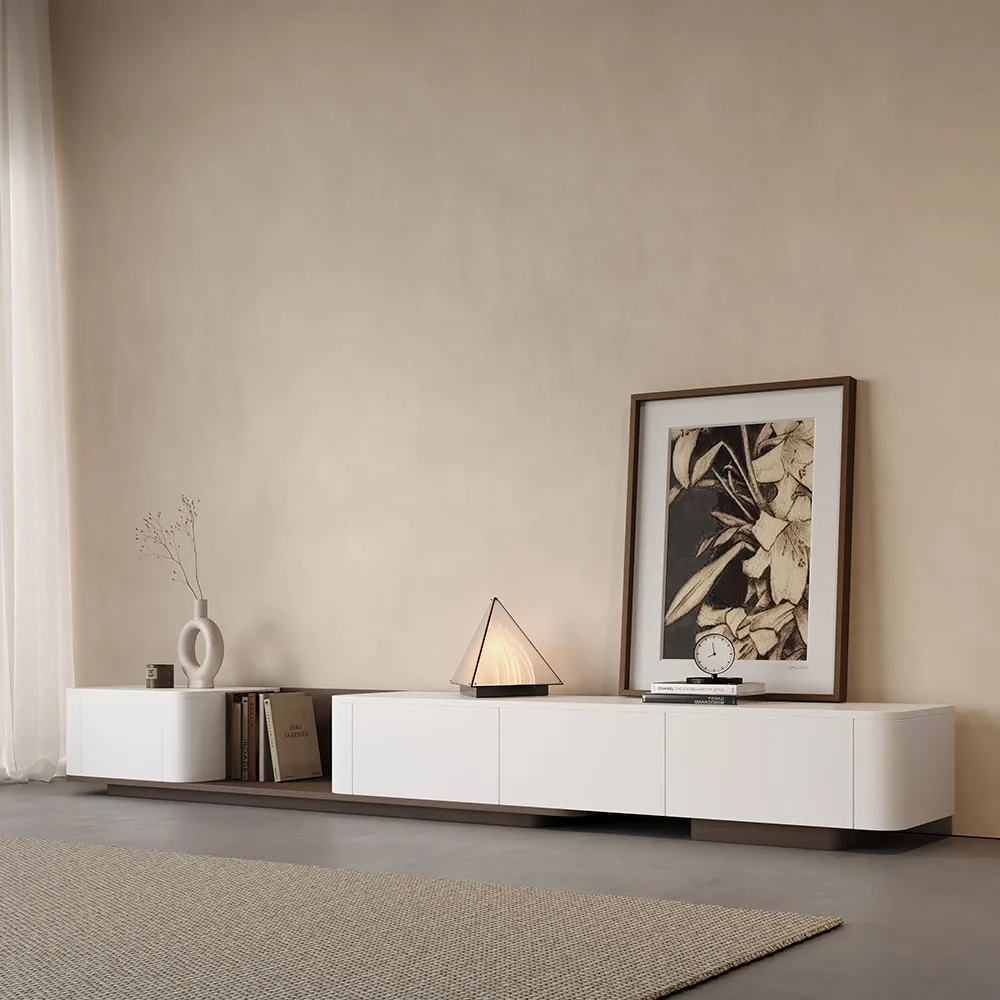 107.8" Off White Modern Wood Extendable TV Stand with 4 Drawer Retracted Cream Media Console — image 15