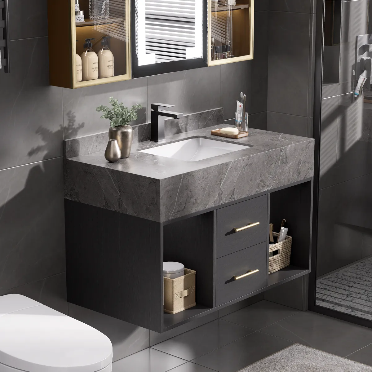 35.4" Floating Bathroom Vanity with Cultured Marble Vessel Sink with 2 Drawers — image 2