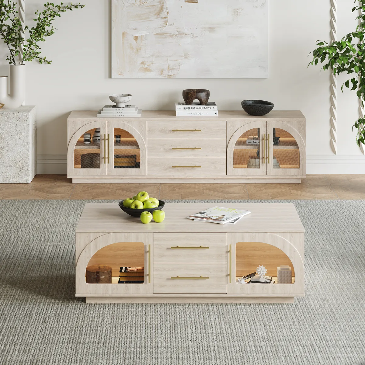 Arune 72" Japandi Whitewash TV Stand Coffee Table Set with LED Lights and Arched Glass Cabinet Doors — image 2